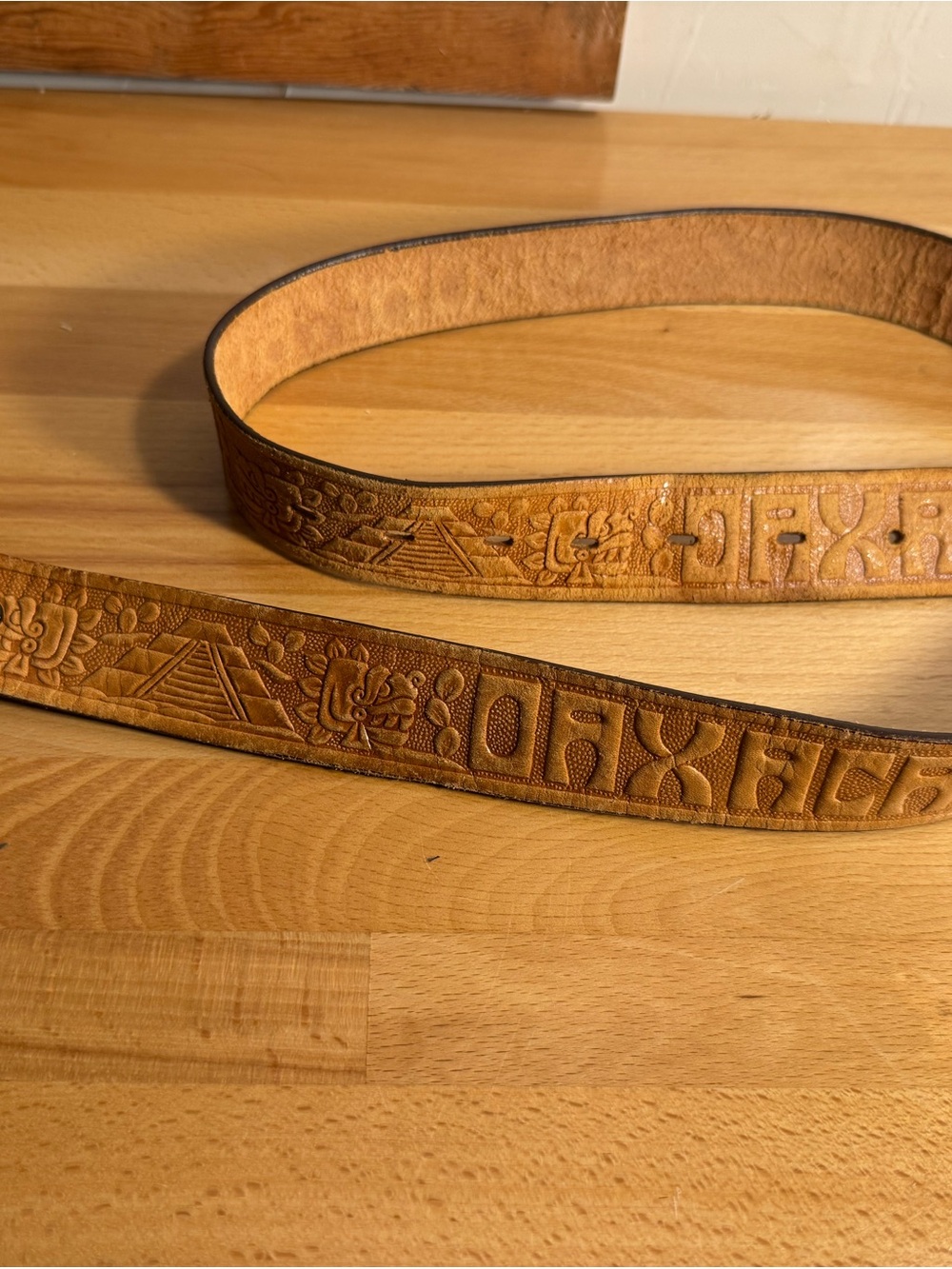 Vintage Tooled Leather Belt with Aztec-Inspired Motif - Tan 40 inches long
